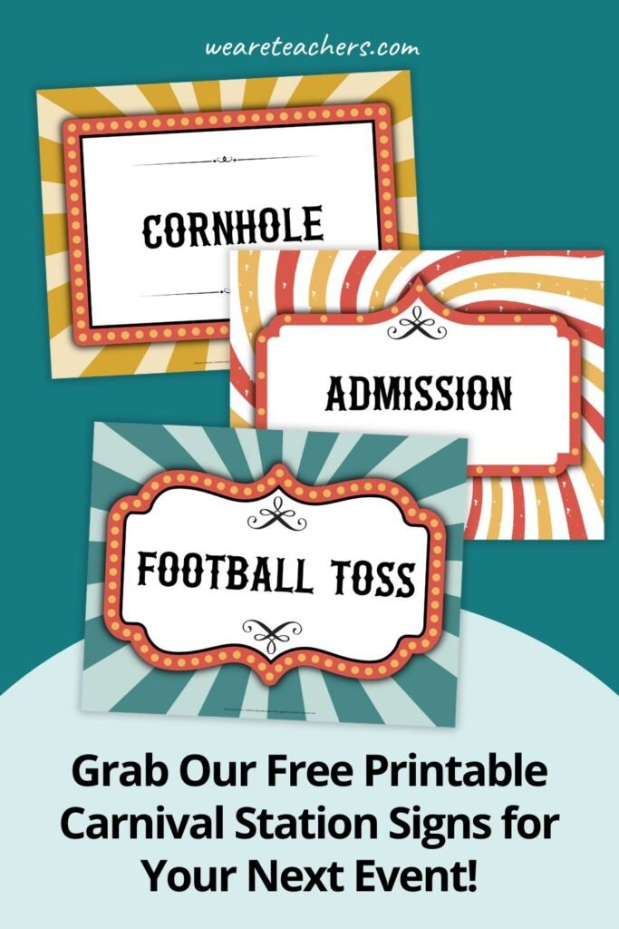 Pinterest pin promoting free printable carnival station signs with 3 carnival sign examples