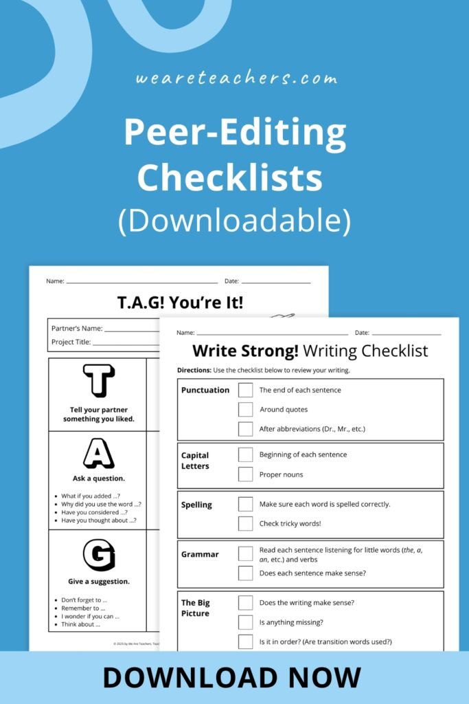 Pinterest pin of blank peer editing checklist example worksheets