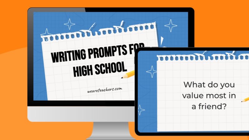 a computer and ipad screen showing examples of the writing prompts for high school google slides