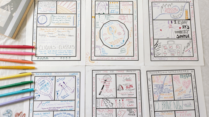 assorted one-pager examples created by students with brightly colored pens