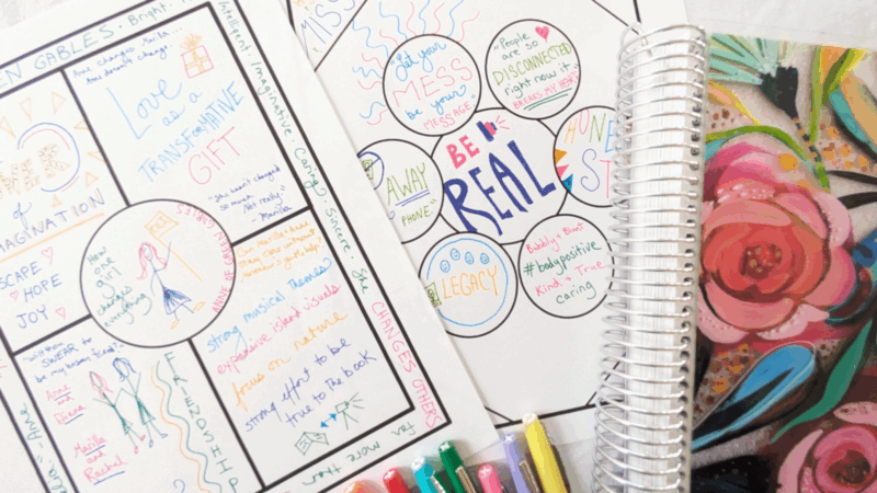 student examples of one-pagers created from multimedia like podcasts and film in brightly colored ink