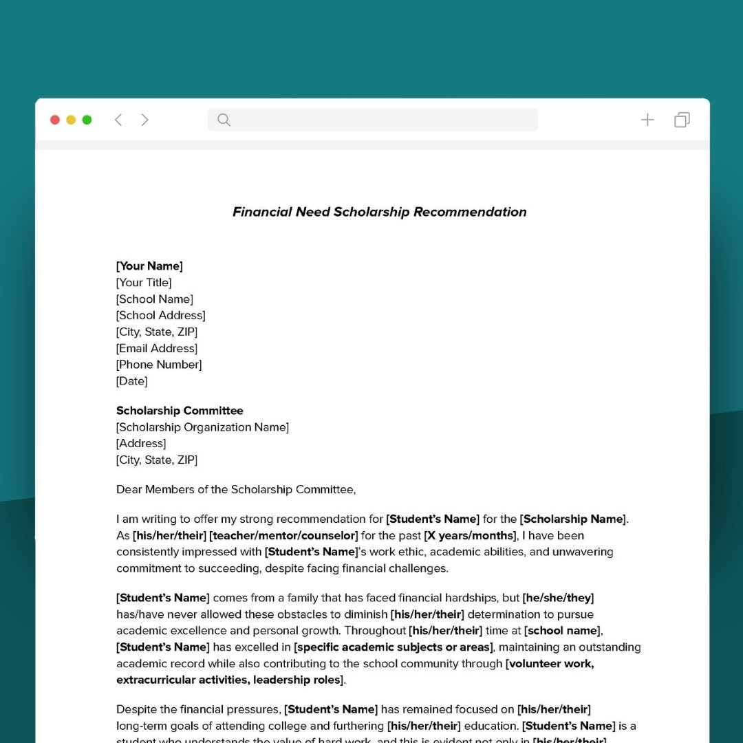 Financial Need Scholarship Recommendation Letter Financial Need Scholarship Recommendation Letter
