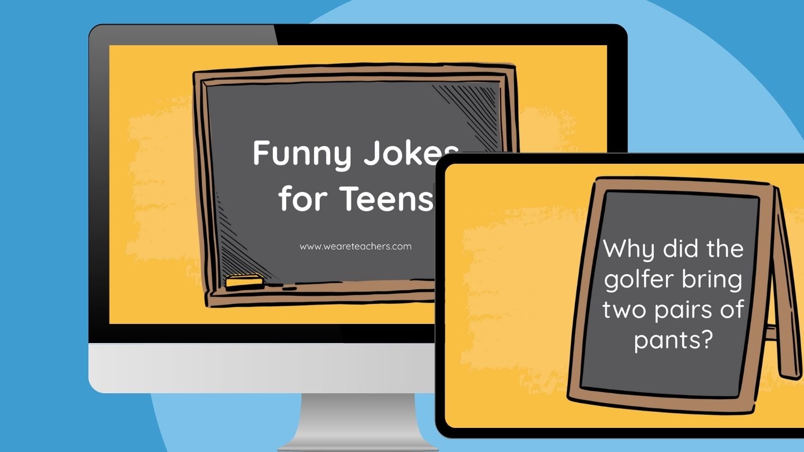 Jokes for Teens a computer and ipad screen with an example slide from the free jokes for teens google slides