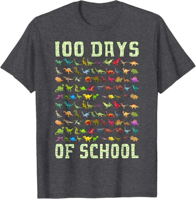 Shirt reading 100 Days of School with 100 small dinosaurs