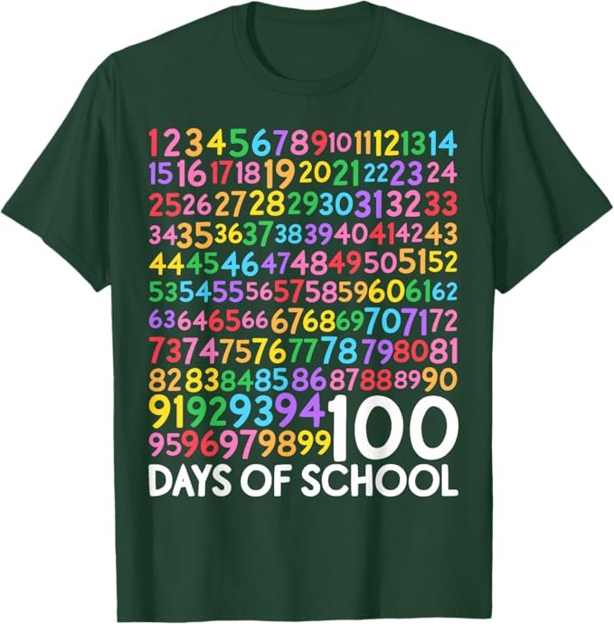 Shirt showing the numbers 1 to 100 and text Days of School