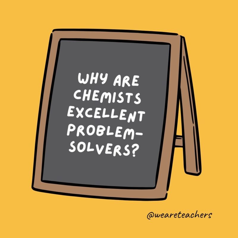 Jokes for Teens an image of a chalkboard with the following joke for teens: Why are chemists excellent problem-solvers?