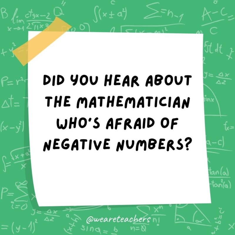 Did you hear about the mathematician who’s afraid of negative numbers? He’ll stop at nothing to avoid them. - math jokes
