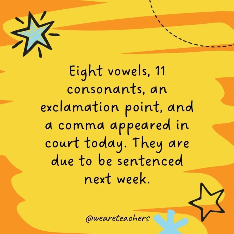 Eight vowels, 11 consonants, an exclamation point, and a comma appeared in court today. They are due to be sentenced next week.