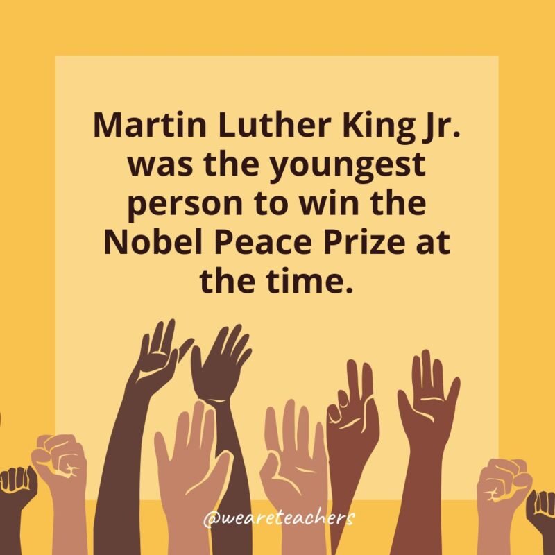 a card with a Black History Month that states: Martin Luther King Jr. was the youngest person to win the Nobel Peace Prize at the time.