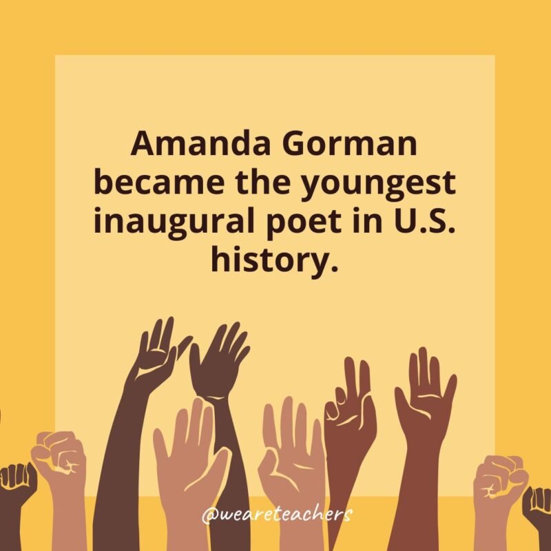 a card with a Black History Month that states: Amanda Gorman became the youngest inaugural poet in U.S. history.