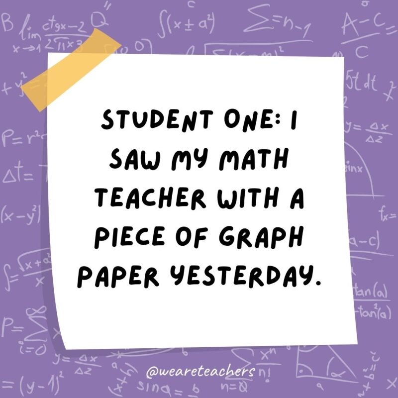 student One: I saw my math teacher with a piece of graph paper yesterday. Student Two: She must be plotting something.