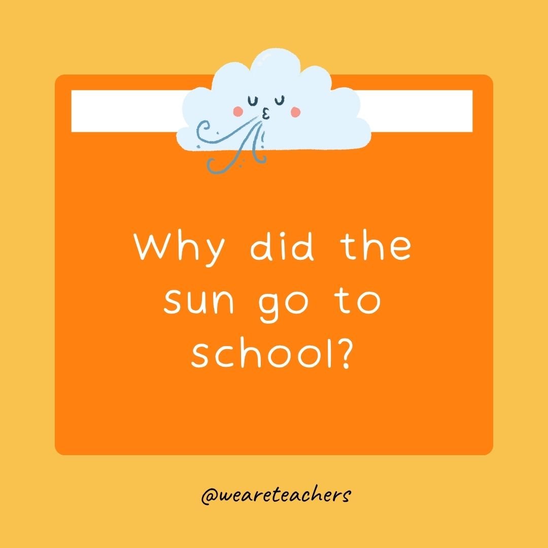 a square with weather clipart and the weather joke: Why did the sun go to school?