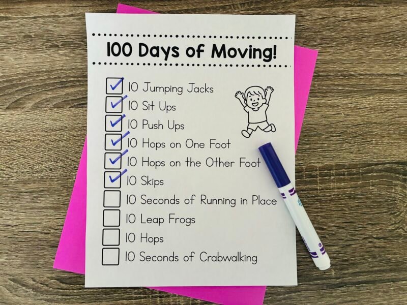 a checklist worksheet where students can keep track of all their different movements to celebrate the 100th day of school