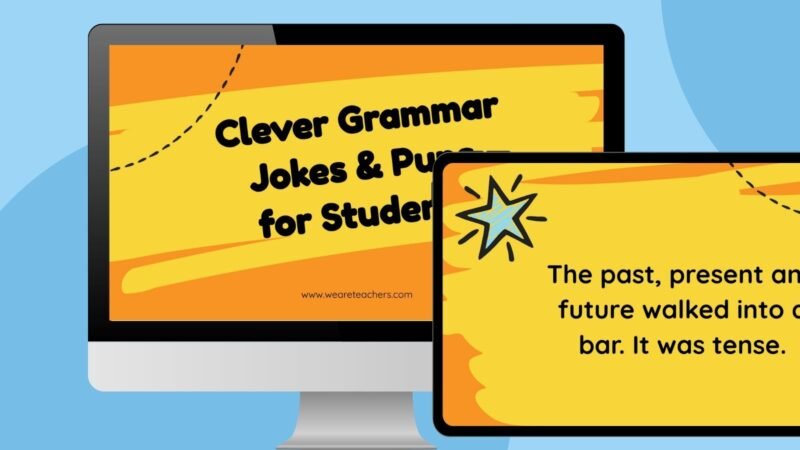 computer and ipad screens of grammar jokes and puns google slides