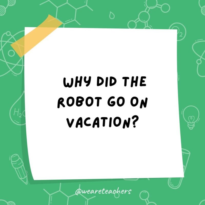 a post it note clipart with the joke: why did the robot go on vacation?
