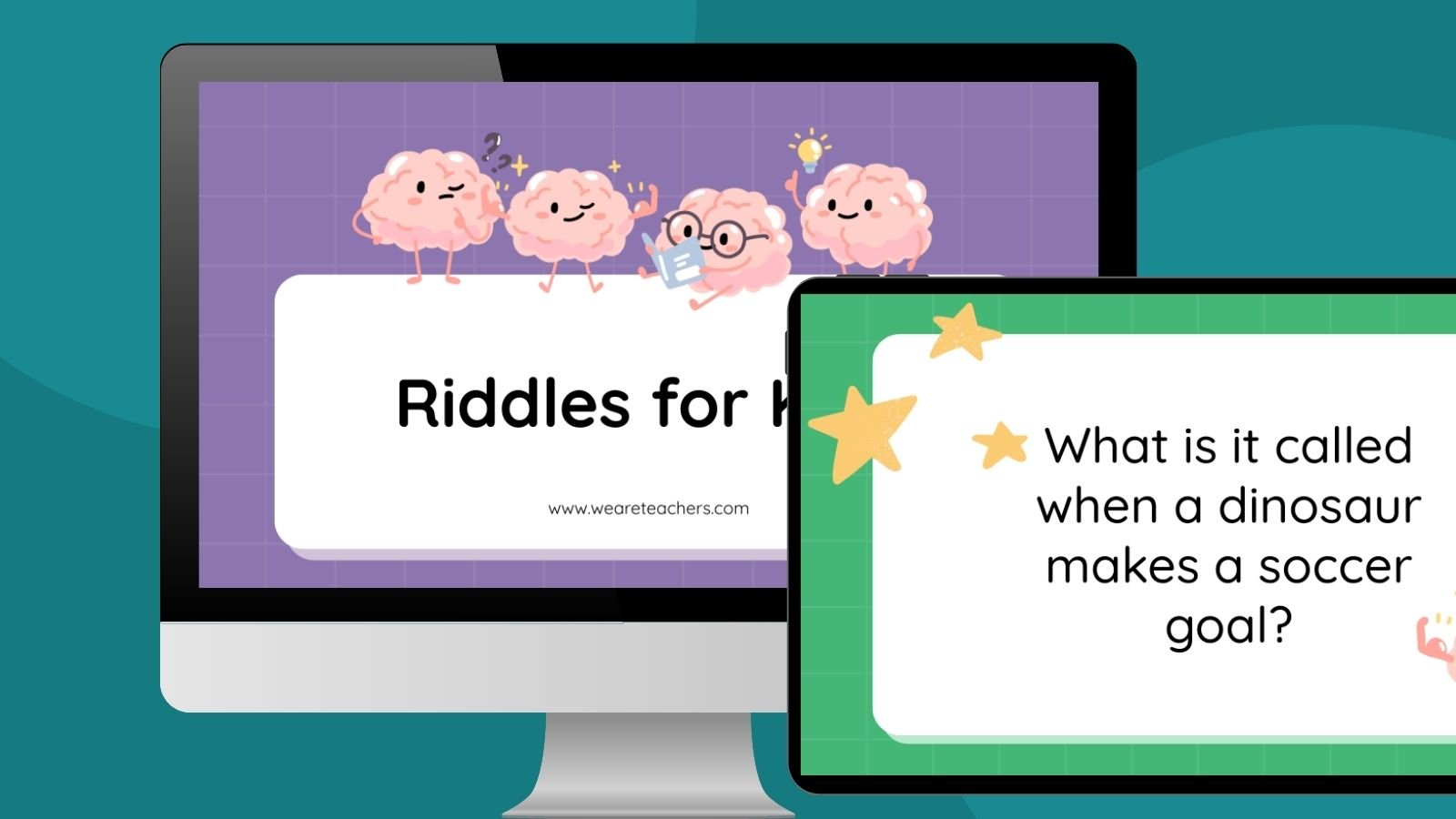 an image of a computer and ipad screen featuring google slides of riddles for kids
