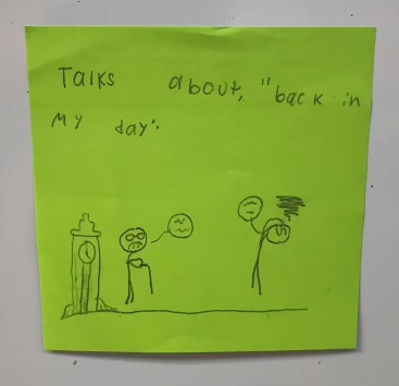 This Teacher Asked His Students What People In Their 40s Do For Fun, And We’re Dying (Maybe Literally) Student illustration on Post-It of what people in their 40s do for fun