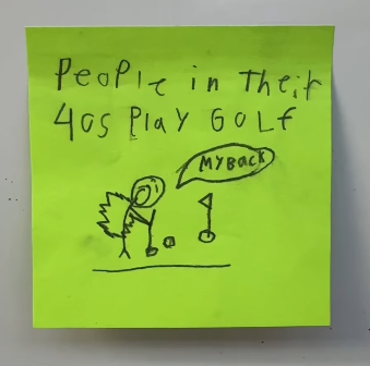 This Teacher Asked His Students What People In Their 40s Do For Fun, And We’re Dying (Maybe Literally) Student illustration on Post-It of what people in their 40s do for fun