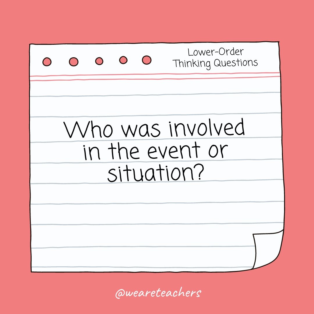 Who was involved in the event or situation? Lower Order Thinking Question:: Who was involved in the event or situation?