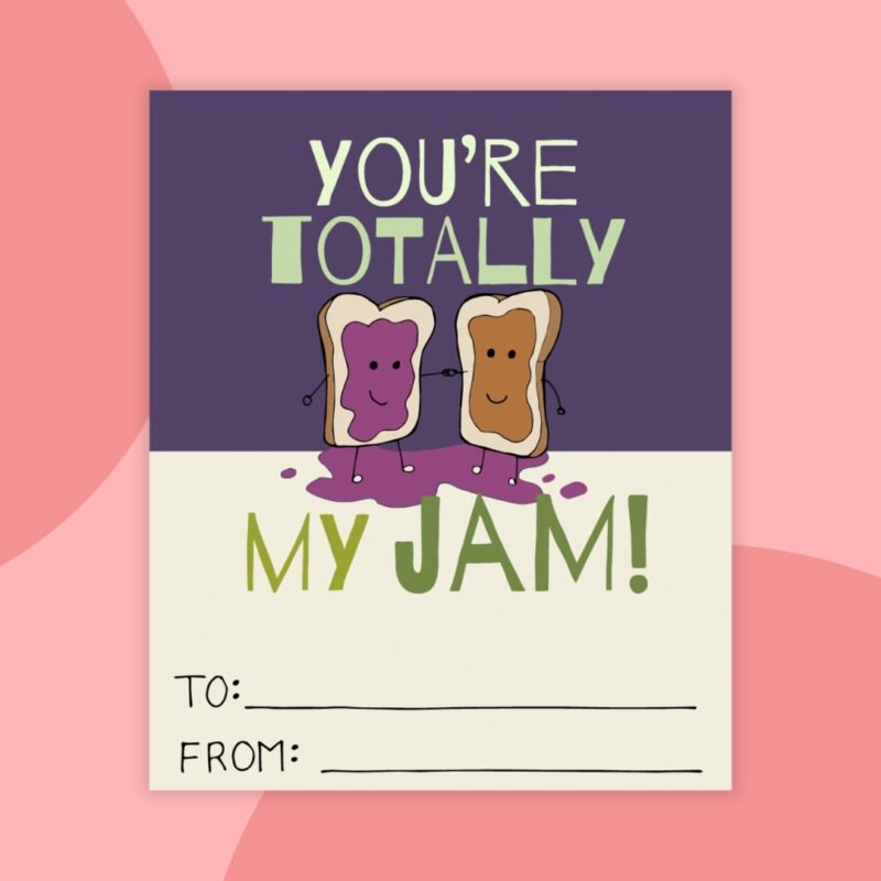 a printable valentine that says: you're totally my jam with a purple background and image of a peanut butter and jelly sandwiches