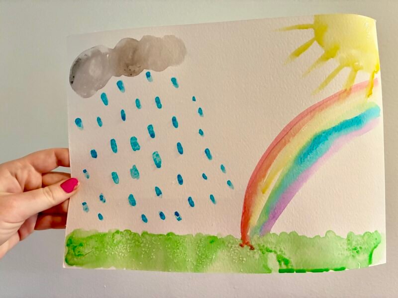 a student water color representation of rain and a rainbow