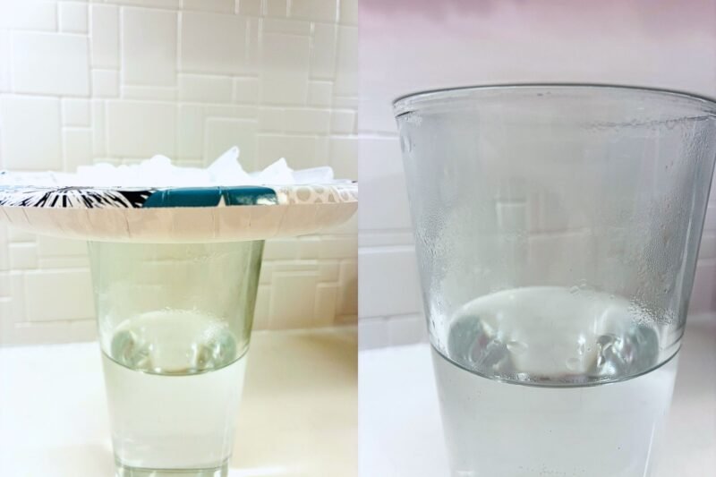 a science experiment with a glass and a plate of ice to show how condensation is formed