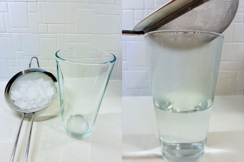an image of a simple science experiment that creates fog with a small strainer, a glass and ice cubes