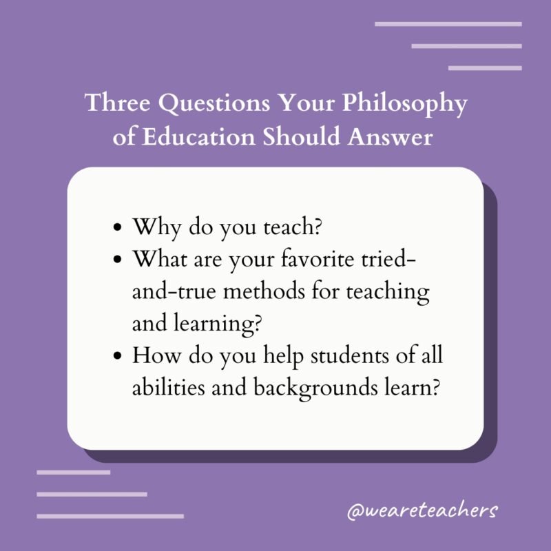 #1
Three Questions Your Philosophy of Education Should Answer
-Why do you teach?
-What are your favorite tried-and-true methods for teaching and learning?
-How do you help students of all abilities and backgrounds learn?