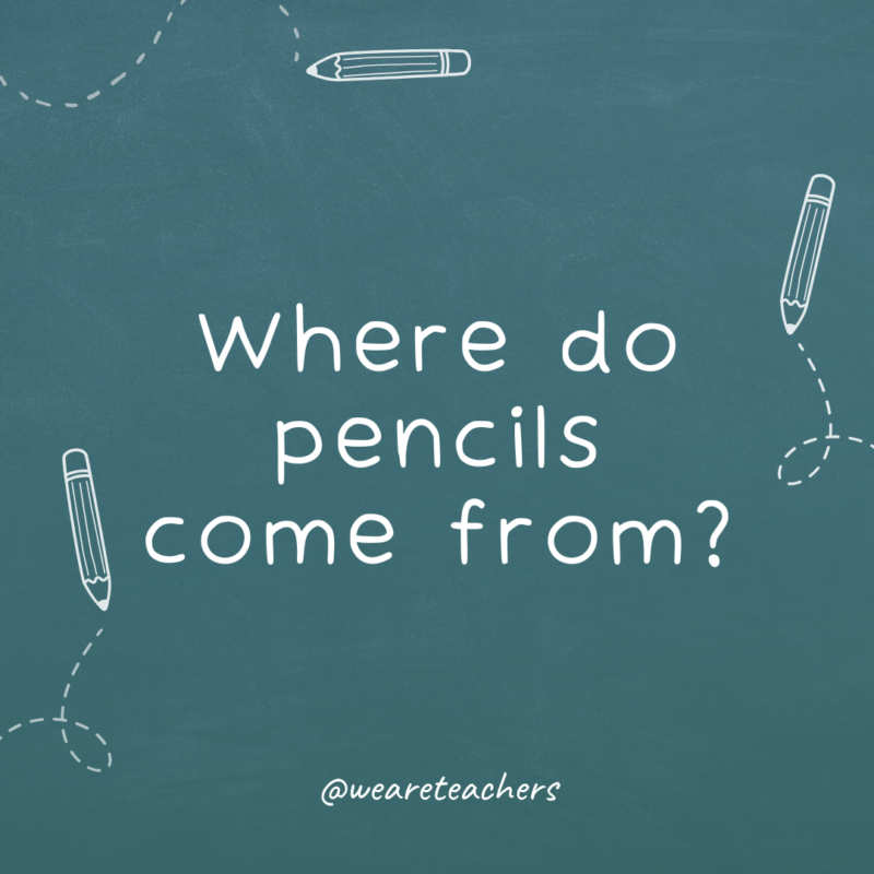 a chalkboard background with sketches of pencils on the border with the joke: Where do pencils come from?