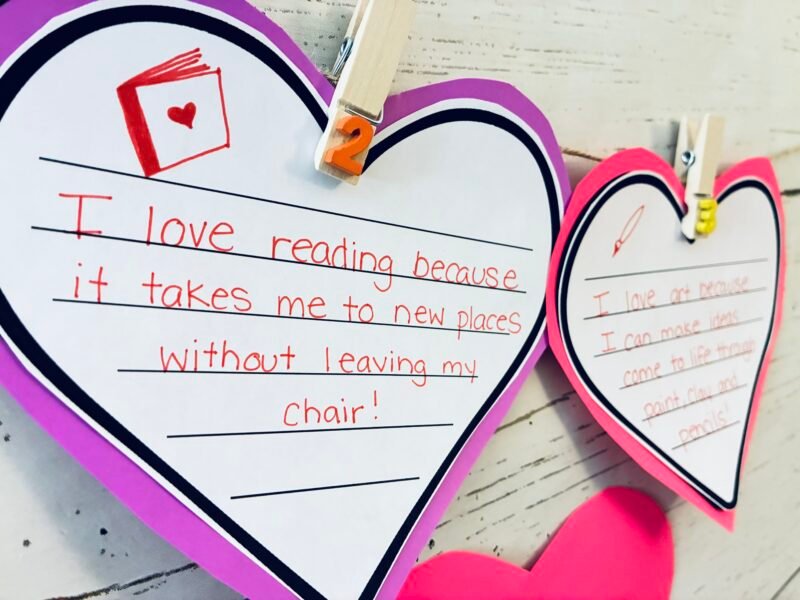 an image of two printable hearts where students write about what they love