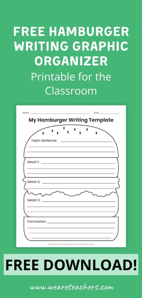 a Pinterest pin highlighting a hamburger writing template printable for students