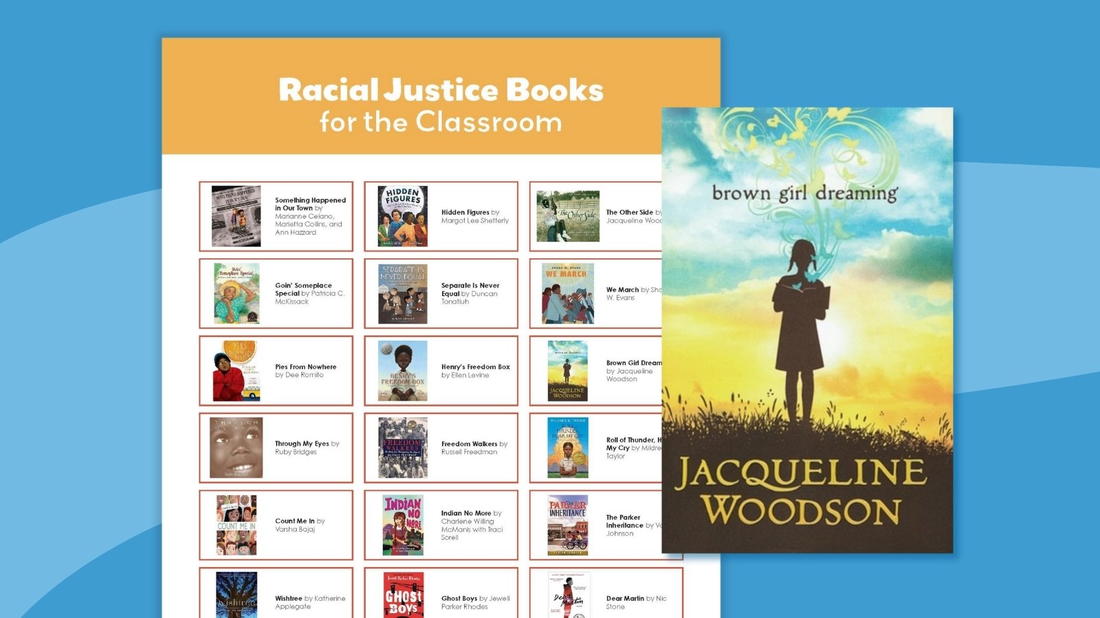 printable racial justice book list for kids in front of a blue background