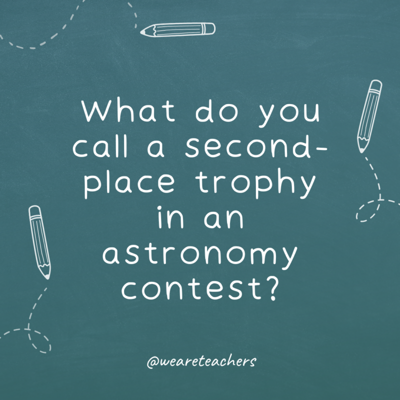 a chalkboard background with sketches of pencils on the border with the joke: What do you call a second-place trophy in an astronomy contest?