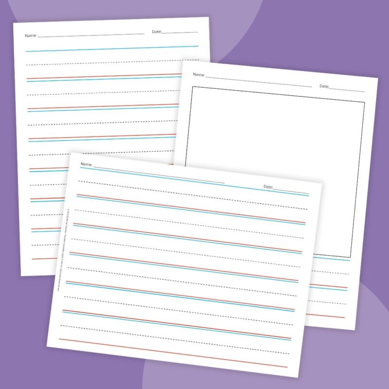 Lined writing paper for kindergarteners with top blue lines, bottom red lines, and dotted midlines