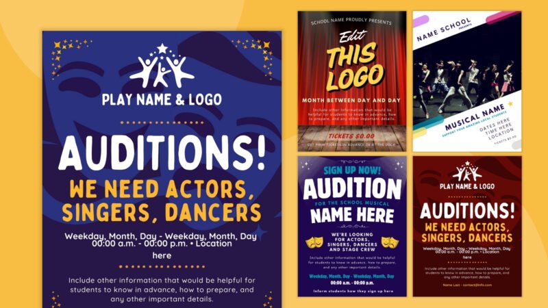 an image of audition flyer templates in front of a yellow background