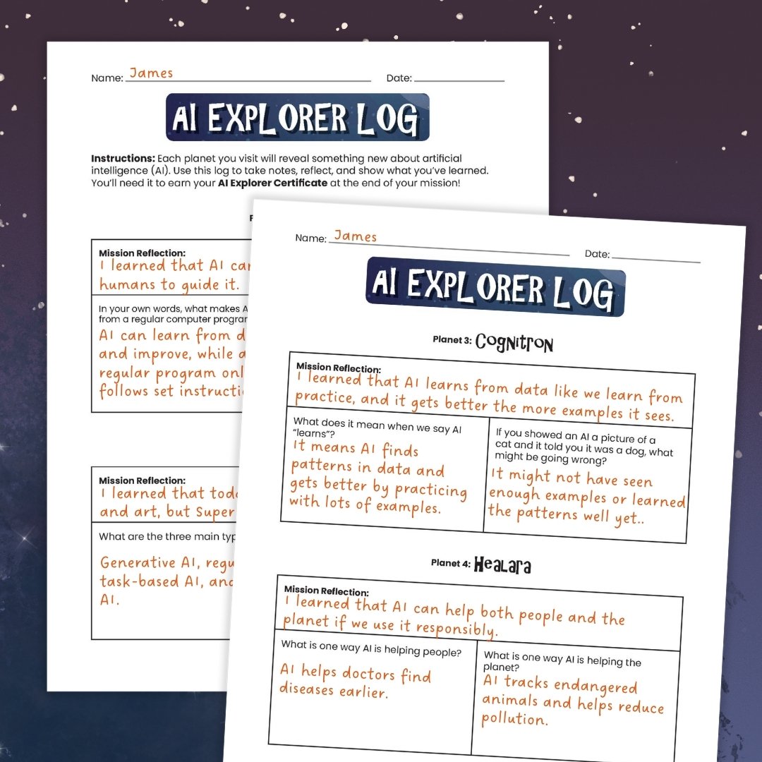Images of the explorer logs from the Kids4Teach understanding AI game