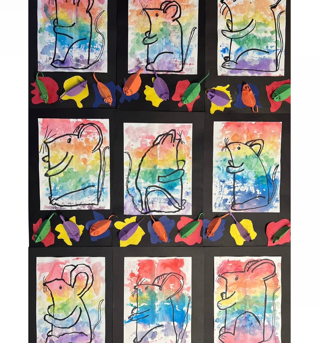 Watercolor mice with origami mice below