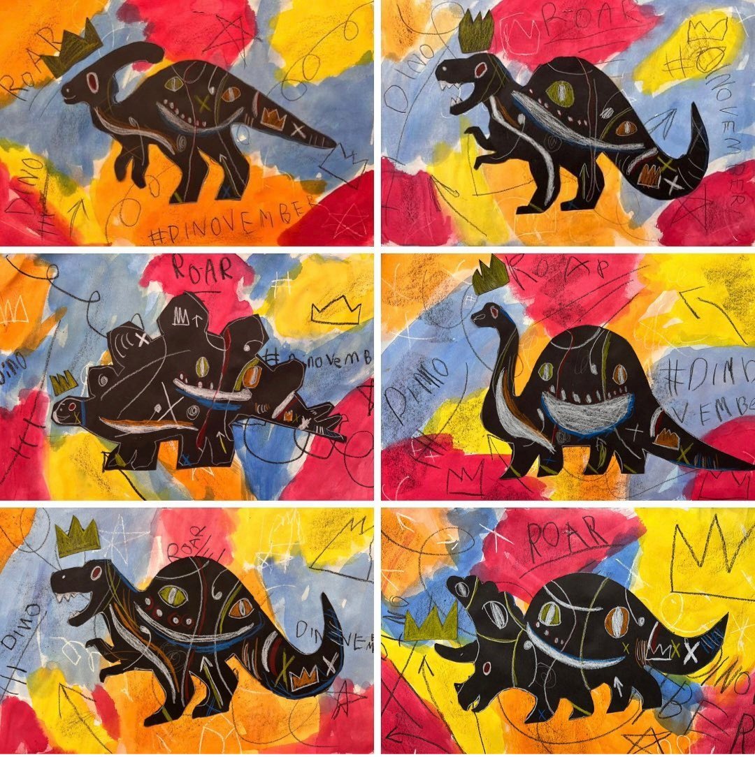 Dino silhouettes on colorful backgrounds