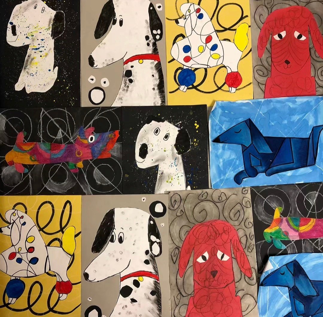 Collage of doodle dogs drawn by 1st grade art students