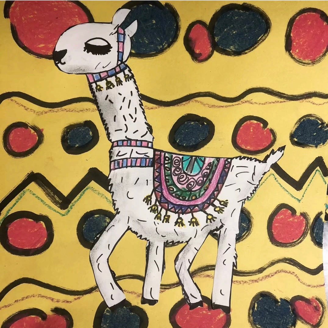 Paper llama against a colorful geometric background