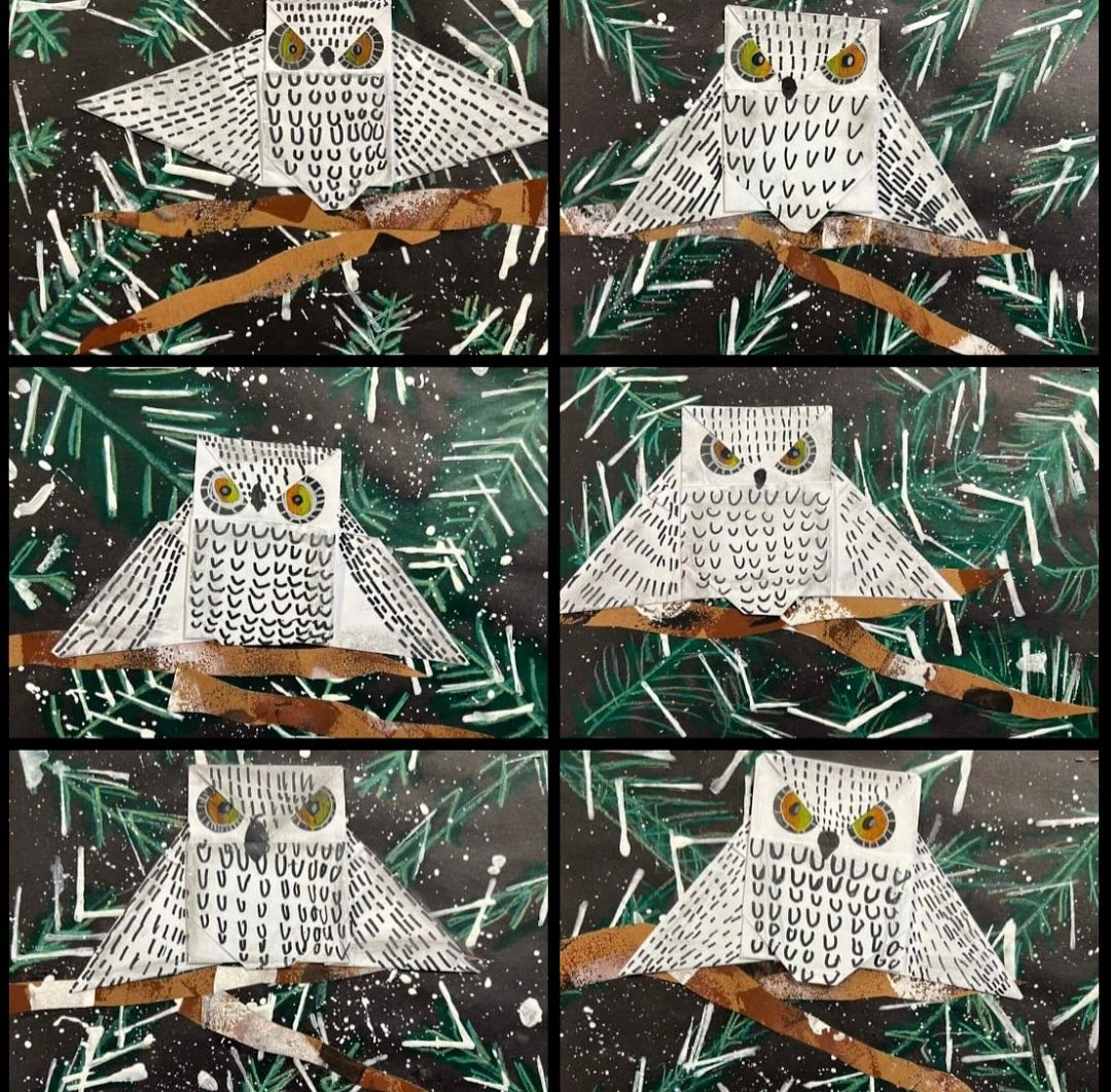Origami owls against black forest backgrounds made with pastels