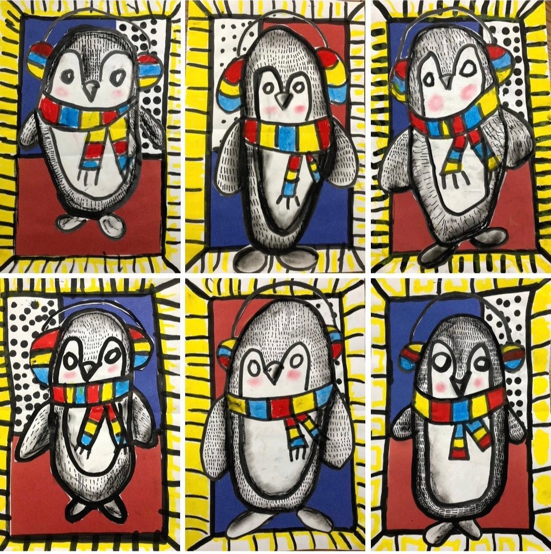 Pop Art Penguins in bright primary colors
