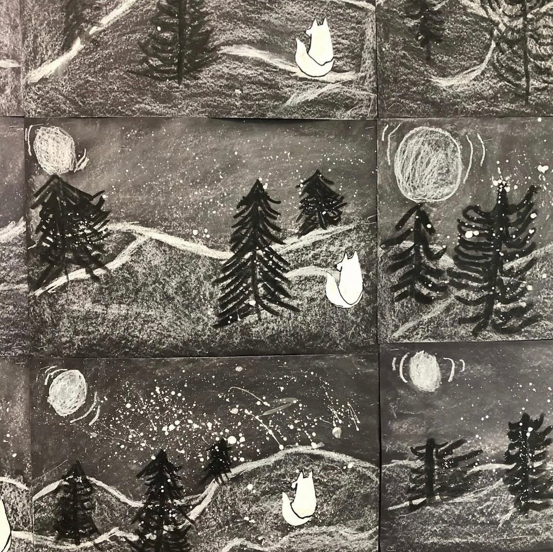 Black and white pastel nightscapes by first graders