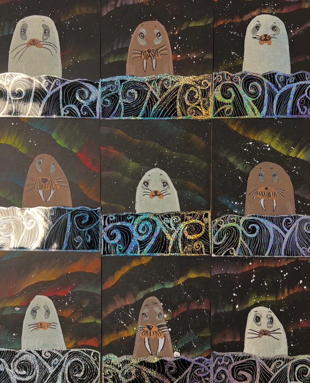 Arctic landscape in chalk pastels on black paper