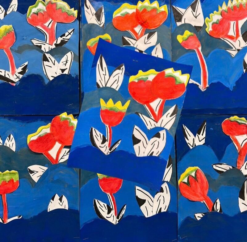 2nd grade paintings of flowers in primary colors