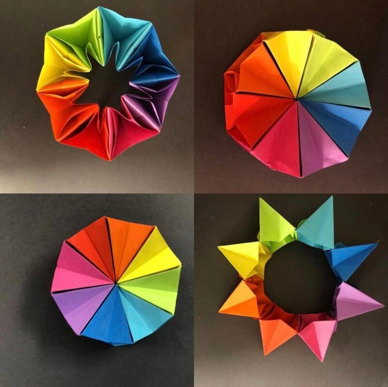 Folded paper color wheel in a variety of formations