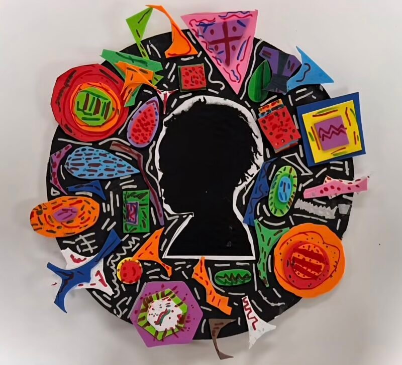 Colorful paper collage centered by a silhouette of a child's head