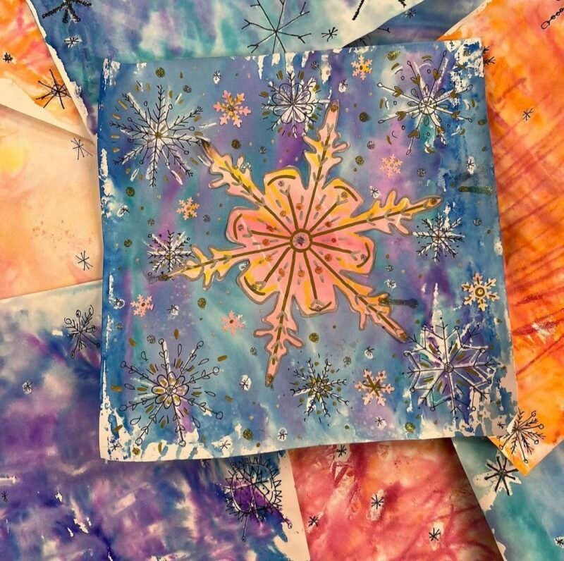 Watercolor snowflake prints by 2nd grade art students