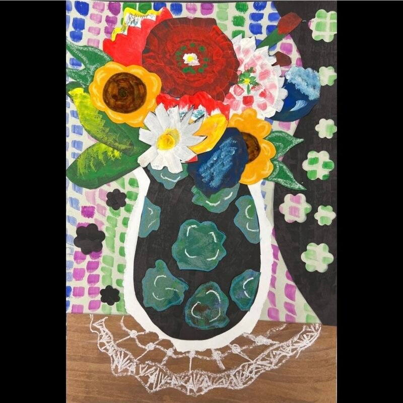 Mixed media still life collage showing flowers in a vase
