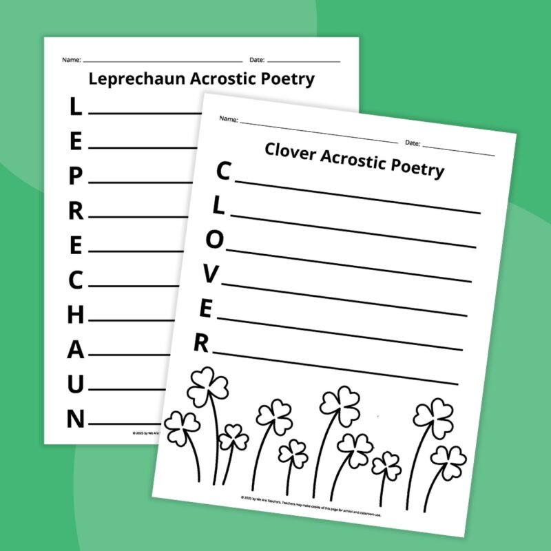 acrostic poem pages with the words leprechan and clover 